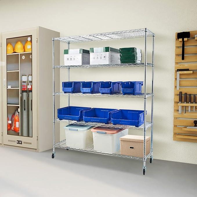 BNSPLY Commercial Wire Shelving Unit with Wheels, 5 Tier Adjustable Wire Shelves with NSF Certified, Heavy Duty Metal Storage Rack Shelf Unit for Kitchen, Garage (17.7" D x 59" W x 71" H, Chrome) - ModernBath