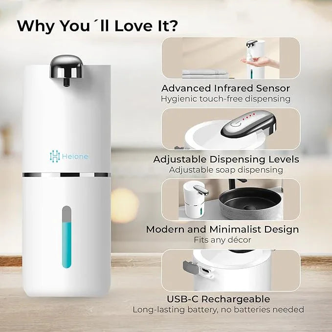 Heione Automatic Touchless Foam Soap Dispenser, White, 12.8 oz / 380 mL, USB C Rechargeable, Infrared Motion Sensor, Suitable for Bathrooms, Sinks, Kitchen, Wall Mount or Countertop (White (Foamy)) - ModernBath