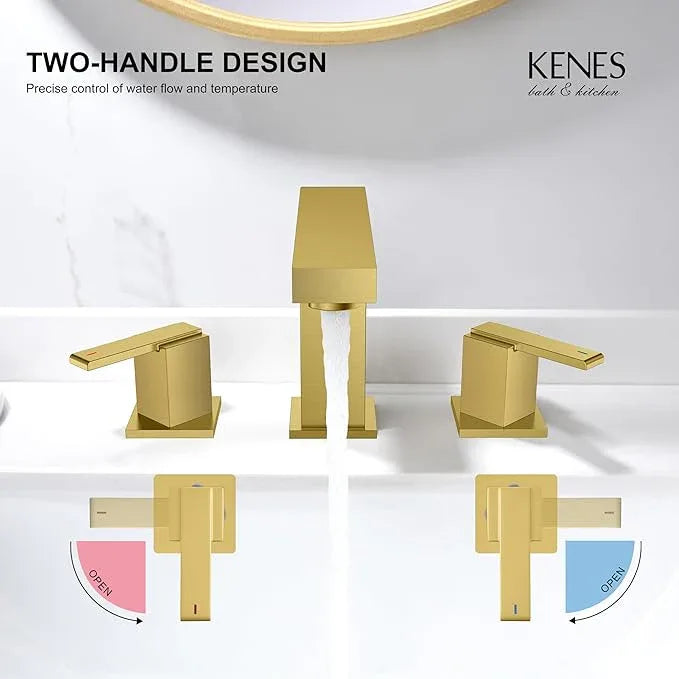 KENES Brushed Gold Widespread Bathroom Faucet 3 Hole Bathroom Sink Faucet Gold Two Handle, 8-Inch 3 Pieces Bathroom Vanity Faucet with Pop Up Drain & Supply Lines, KE-9050-4-P - ModernBath