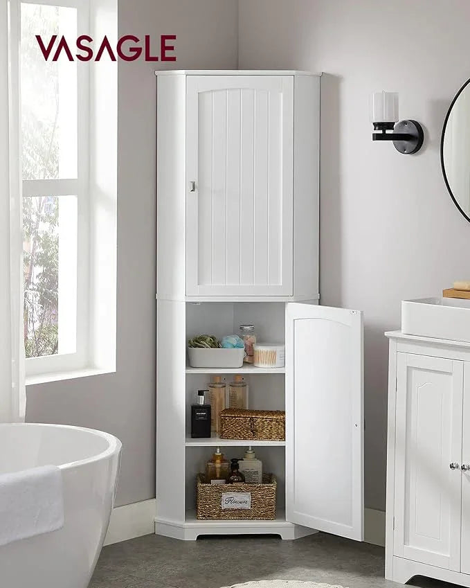 VASAGLE Corner Cabinet, Tall Corner Storage Cabinet with 2 Doors and 4 Adjustable Shelves, for Bathroom Kitchen Living Room, Modern Farmhouse Design, White UBBC541P31 - ModernBath