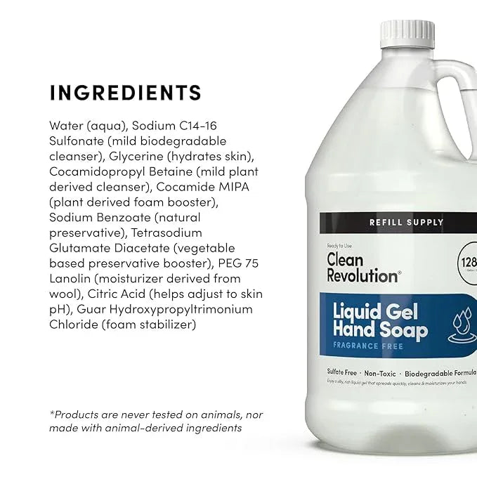 Clean Revolution Liquid Gel Hand Soap, Silky Rich Liquid, Quick Lather, Fast Rinsing, (Fragrance Free) 128 Fl Oz - ModernBath