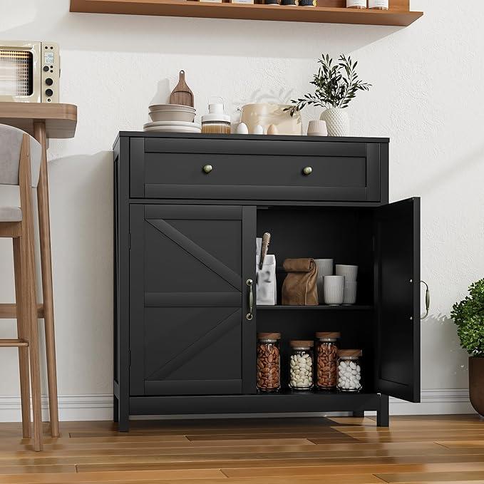 Buffet Sideboard with 2 Barn Doors,Black Kitchen Cabinet with Adjustable Shelf, Freestanding Floor Storage Cabinet - ModernBath