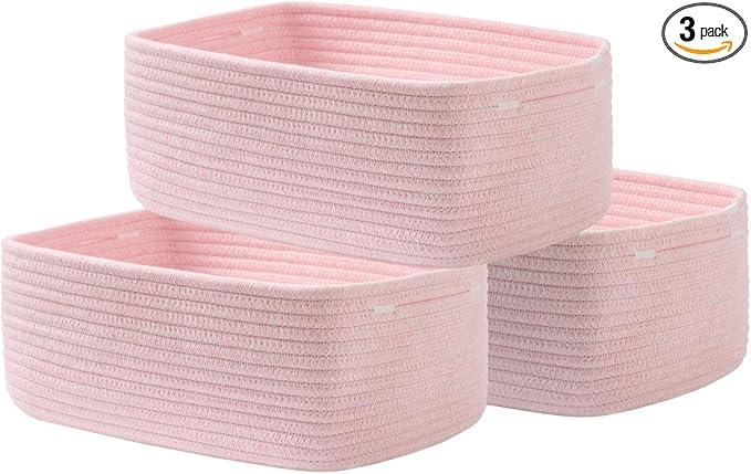 Small Woven Basket, 13.5 x 9.5 x 5 Inches, Storage Basket for Organizing, Cute Small Rope Shelf Closet Cube Storage Bins Baskets for Shelves, Dog Toy Gift Baskets Empty, 3 Pack Light Pink - ModernBath