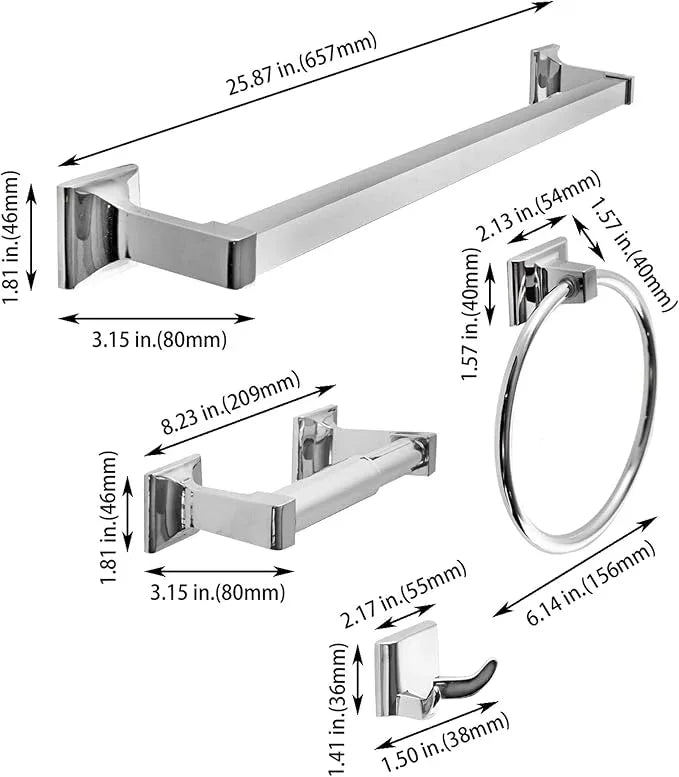 SENTO Cellar Classic Bathroom Accessories Set, Heavy Duty Metal Bath Hardware Set Wall Mounted, Includes Robe Hook, Standard Toilet Paper Holder, Towel Ring, 24” Towel Bar (4-Piece, Polished Chrome) - ModernBath