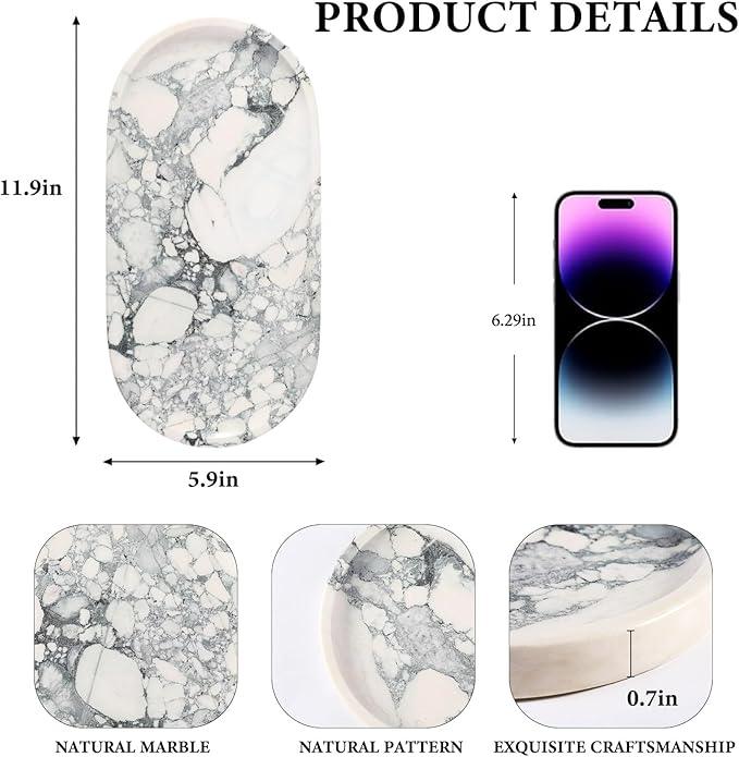 Koville Natural Marble Tray for Bathroom Countertop, Marble Vanity Trays for Perfume, Cosmetics, Jewelry, Decorative Tray for Dresser Organizer, Stone Storage Trays for Bathroom Decor(Grey) - ModernBath