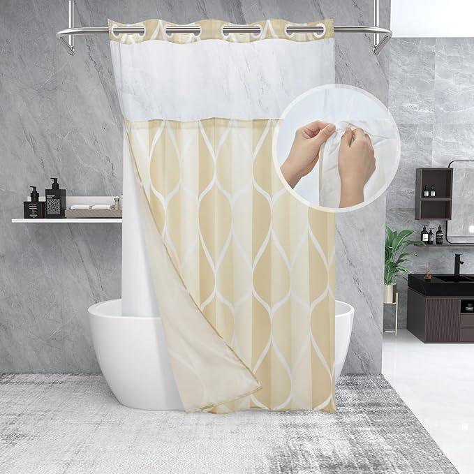 Yiatn No Hook Ivory Stall Size Shower Curtain with Snap in Fabric Liner Set - Hotel Style with See Through Mesh Top Window, Modern Geometric Waterdrop Design,Waterproof and Washable, 54x80 INCH - ModernBath