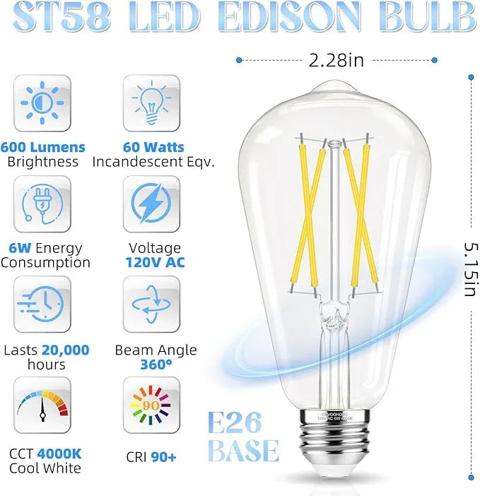 Edison Bulbs, E26 LED Bulb 60 watt Equivalent, Non-Dimmable, Cool White 4000K, ST58 Vintage Light Bulbs, 90+ CRI, 6W, 600LM, E26 Medium Base, Clear Glass, 12 Pack - ModernBath