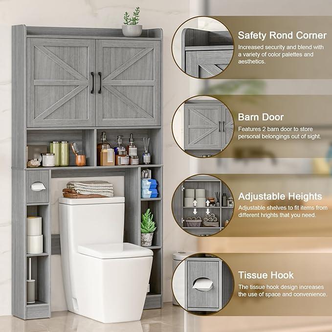 Over The Toilet Storage Cabinet, Farmhouse Toilet Cabinet Rack with Barn Doors, Space Saving Bathroom Organizer with Shelves, Toilet Paper Holder and Towel Rack for Bathroom,Restroom,Laundry,Wash Grey - ModernBath
