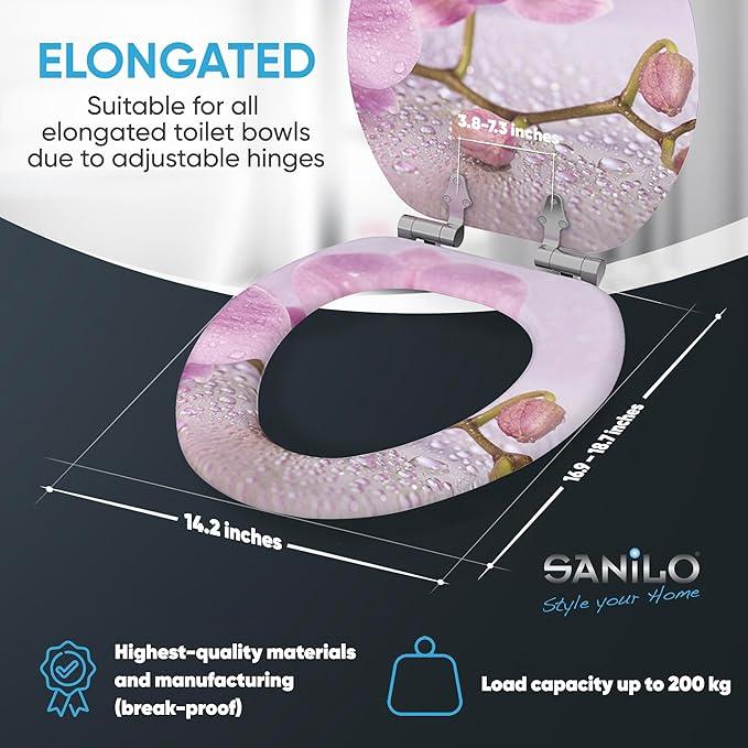 SANILO Wooden Toilet Seat with Soft Close [ELONGATED] - Decorative, Quiet & Slow Close Molded Wood Seat - With Strong Bumpers & Hinges - Adjustable Fit - Blooming - ModernBath
