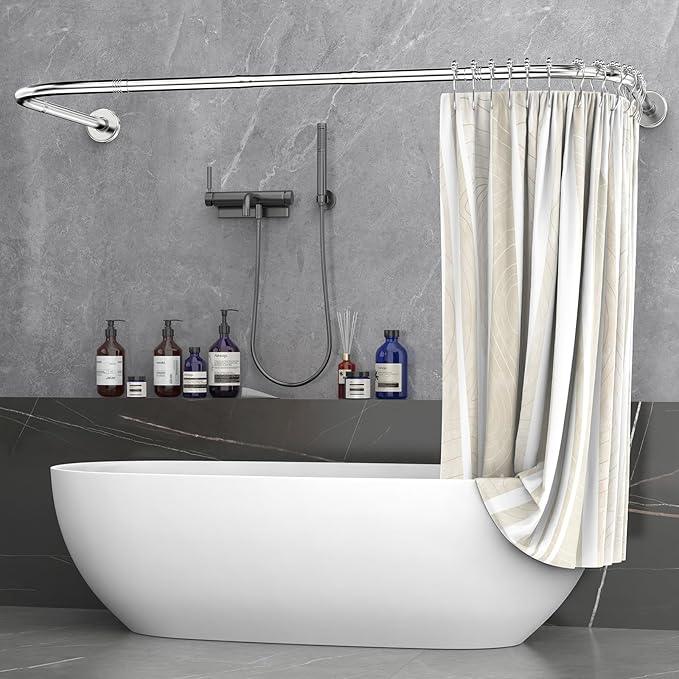 Shower curtain rod U/L shapd 29.5"x(59"-75") x29.5", adjustable shower curtain rod never rusts, curved shower curtain rod for bedroom, bathtub, closet, dressing room contains 24 hooks - silver - ModernBath
