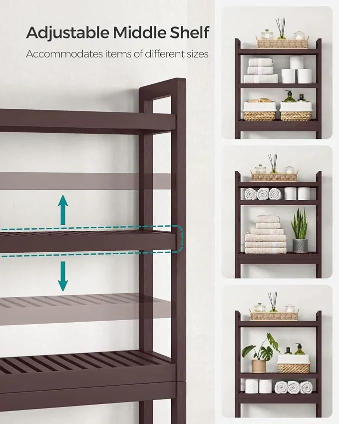SONGMICS Over The Toilet Storage, 3-Tier Over Toilet Bathroom Organizer with Adjustable Shelf, 10.2 x 24.8 x 66.9 Inches, Space-Saving, Brown UBTS01BR - ModernBath