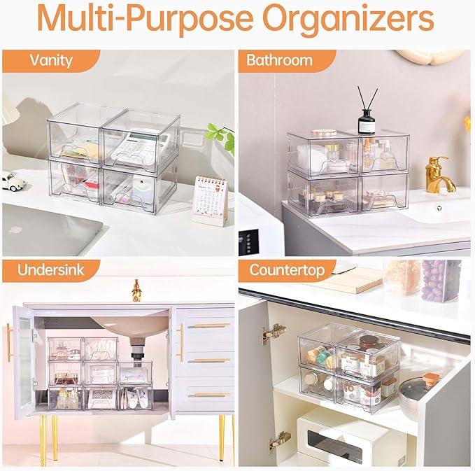 Stebopum 4 Pack Stackable Makeup Organizer, 4.4'' Tall Acrylic Bathroom Makeup Organizer and Storage Drawer with Pull-out Handle, Clear Plastic Storage Bins for Vanity,Pantry,Desk,Undersink,Kitchen - ModernBath