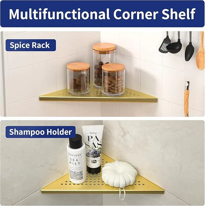 Corner Shower Shelves 10", Brushed Gold 304 Stainless Steel Recessed Bathroom Shelf, Grout in Shelf Rack for Tiled Wall, 2 Pack - ModernBath