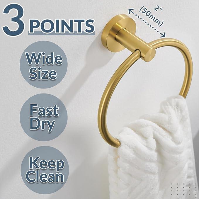 APLusee Brushed Gold Hand Towel Ring, 304 Stainless Steel Flexible Round Towel Holder for Bathroom Kitchen, Wall Mounted - ModernBath