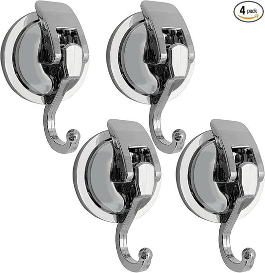 Suction Cup Hooks - Heavy Duty Glass, Reusable, No Hole Punched, for Bathroom Robe & Garland (Silver, 4 Pack) - ModernBath