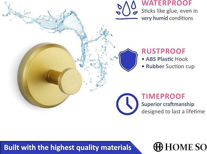 HOME SO Suction Cup Hooks for Shower, Bathroom, Kitchen, Glass Door, Mirror, Tile – Loofah, Towel, Coat, Bath Robe Hook Holder for Hanging up to 15 lbs – Waterproof, Matte Brushed Satin Gold (4-Pack) - ModernBath