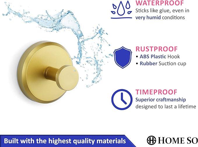 HOME SO Suction Cup Hooks for Shower, Bathroom, Kitchen, Glass Door, Mirror, Tile – Loofah, Towel, Coat, Bath Robe Hook Holder for Hanging up to 15 lbs – Waterproof, Matte Brushed Satin Gold (2-Pack) - ModernBath