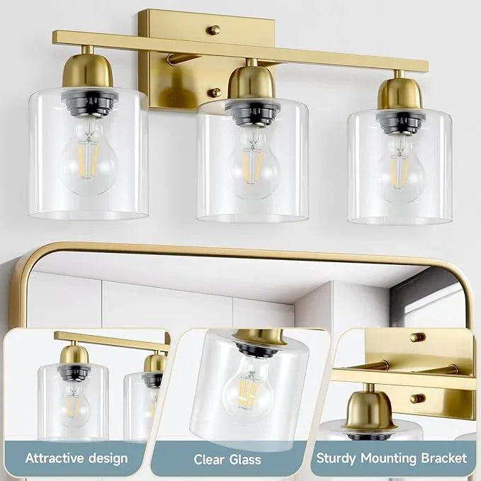 FAISHILAN Modern Brushed Gold 3 Light Bathroom Light Fixtures, 19 inch Vanity Lights for Bathroom with Clear Glass, Bathroom Lighting Fixtures Over Mirror for Mirror Kitchen Living Room - ModernBath