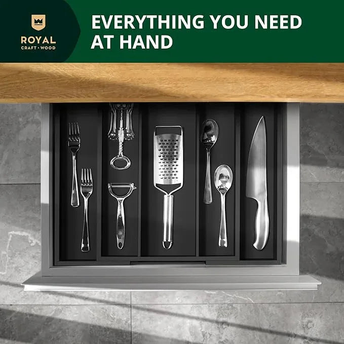 ROYAL CRAFT WOOD Luxury Bamboo Kitchen Drawer Organizer - Silverware Organizer - Utensil Holder and Cutlery Tray with Grooved Drawer Dividers for Flatware and Kitchen Utensils (5 Slot, Black) - ModernBath