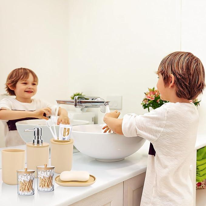 SLDIYWOW Bathroom Accessories, Beige Bathroom Accessories Sets Complete with Trash Can,Tray,Soap Dispenser,Toothbrush Holder,Toothbrush Cup,Soap Dish,Toilet Brush and Q-tip Holders for Bathroom - ModernBath