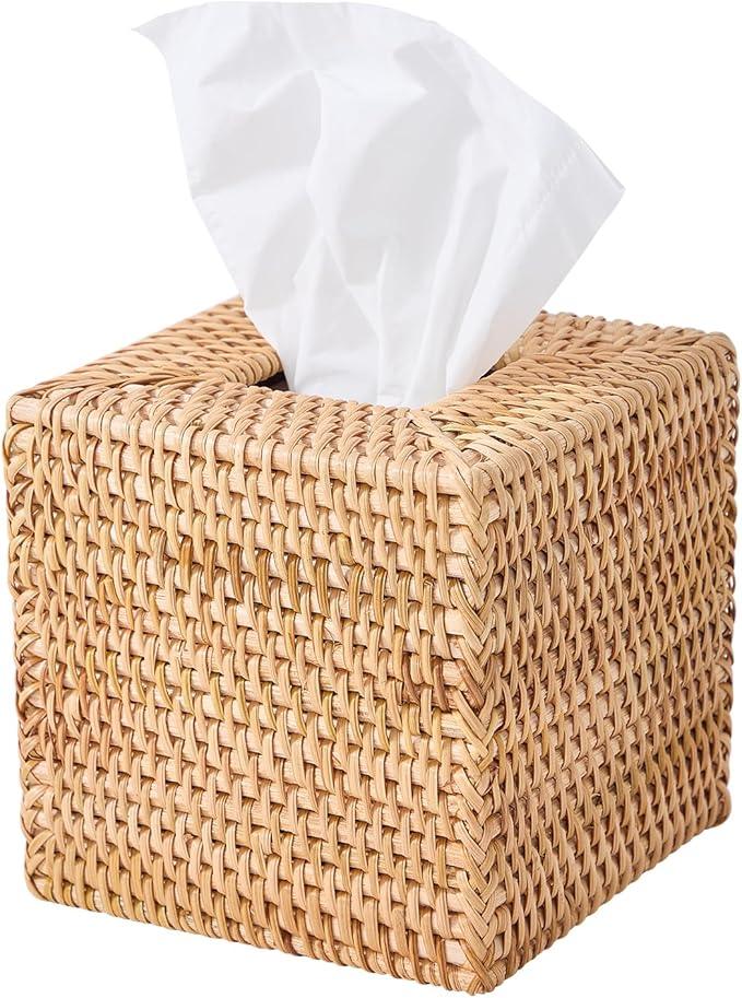 Hand-Woven Rattan Tissue Box Cover, Square Wicker Tissue Holder, Natural Woven Facial Napkin Holder - ModernBath