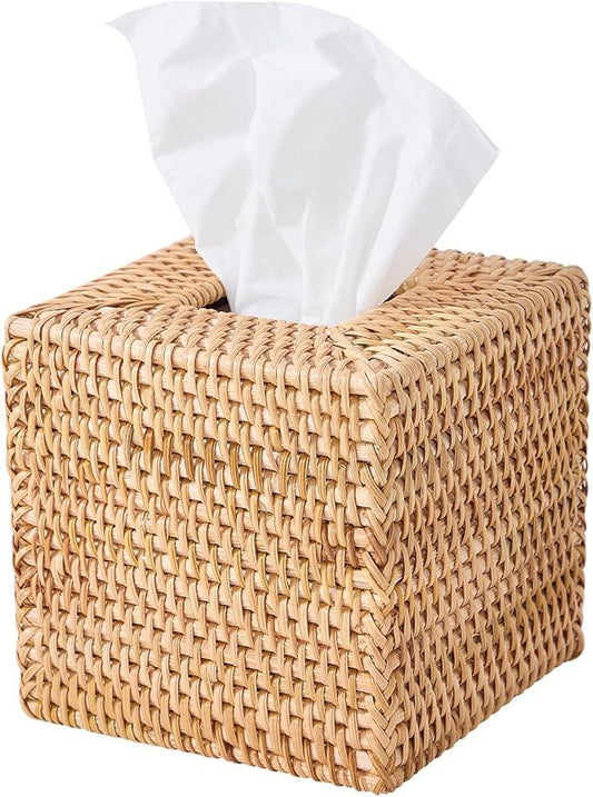 Hand-Woven Rattan Tissue Box Cover, Square Wicker Tissue Holder, Natural Woven Facial Napkin Holder - ModernBath