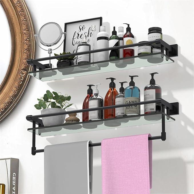 Glass Shelves for Bathroom with Towel Bar/Rack 24" Tempered Glass Shelves with Stainless Steel Towel Holder for Wall Shelf Sink Over Toilet (Matte Black) - ModernBath