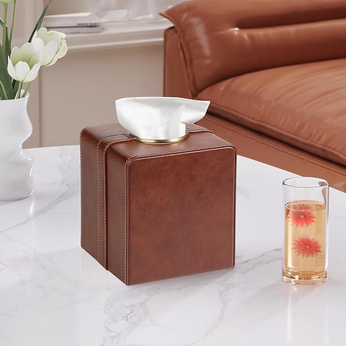 Cretkhp Luxury Square Tissue Box Cover, PU Leather Tissue Box Holder with Magnetic Closure and Gold Decorative Grommets for Bathroom Bedroom, Decorative Elegant Cube Tissue Holder (Brown) - ModernBath