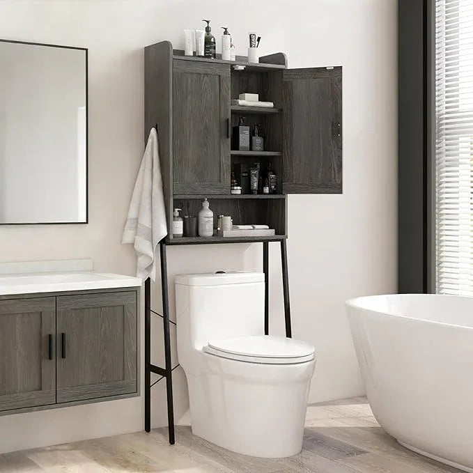 Giantex Over The Toilet Storage Cabinet, Freestanding Space Saver Above Toilet Storage with Metal Stand, Adjustable Shelves & 2 Hooks, Wooden Over Toilet Bathroom Organizer for Laundry Room, Restroom - ModernBath