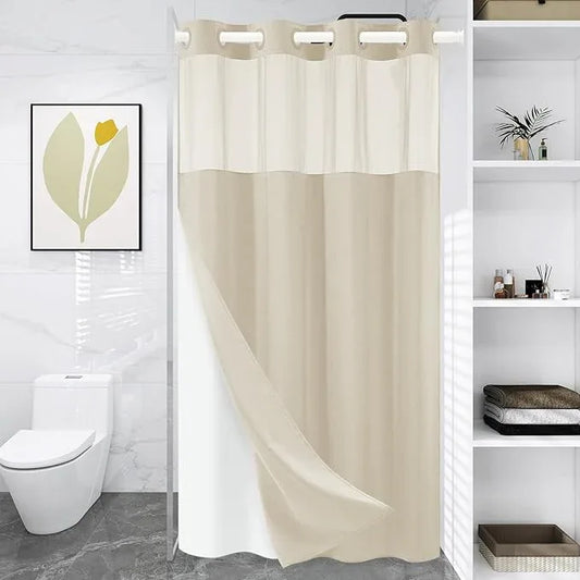 WONICY No Hook Small Shower Curtain with Snap in Liner, Polyester Textured Shower Curtain with Liner Set, Waterproof Washable Short Shower Curtains for Bathroom, 36Wx74H, Cream - ModernBath