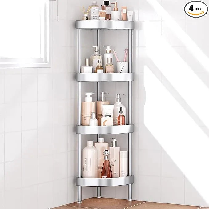 Nieifi Corner Shower Caddy Stand-4 Tier Rustproof Anodized Aluminum Standing Shower Organizer-Shower Caddy Corner-Dual Stability to Anti-Shaking-Height-Adjustable Legs for Uneven Surfaces-Silver - ModernBath