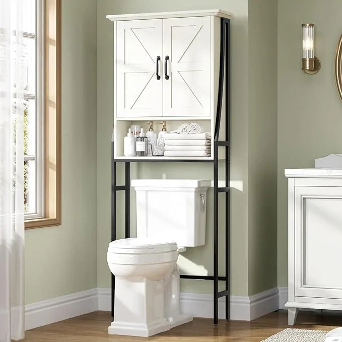 Over The Toilet Storage Cabinet, Over Toilet Bathroom Organizer, Above Toilet Storage Cabinet with Barn Doors Behind Toilet Bathroom Organizer (Cream White) - ModernBath