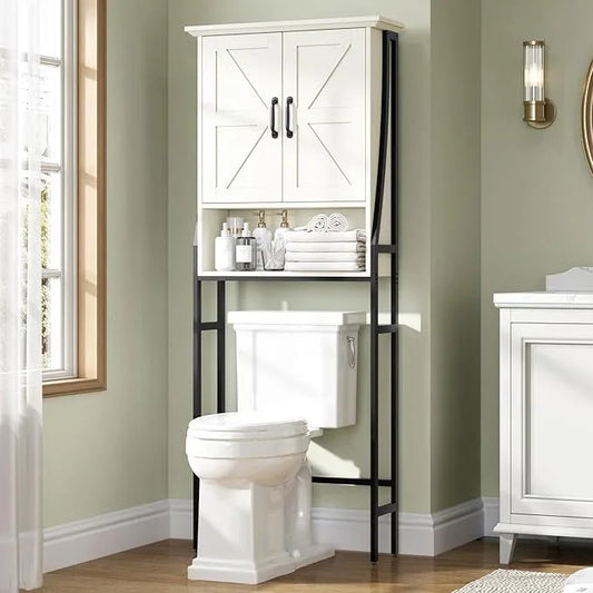 Over The Toilet Storage Cabinet, Over Toilet Bathroom Organizer, Above Toilet Storage Cabinet with Barn Doors Behind Toilet Bathroom Organizer (Cream White) - ModernBath