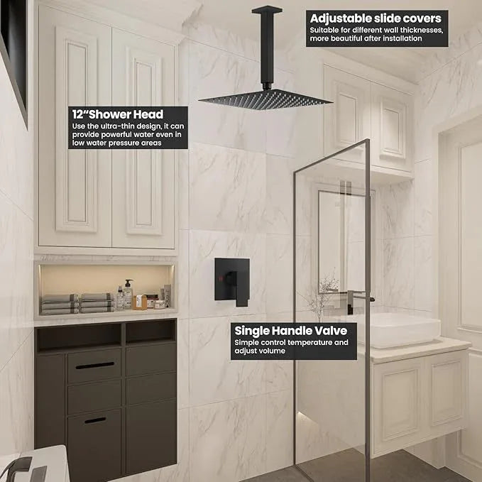 Airuida Shower Faucet Set and Handle Set Single Function Shower Trim Kit Ceiling Mount Rainfall Shower System with Male Threads and Rough-in Valve 12 Inch Square Shower Head Matte Black - ModernBath