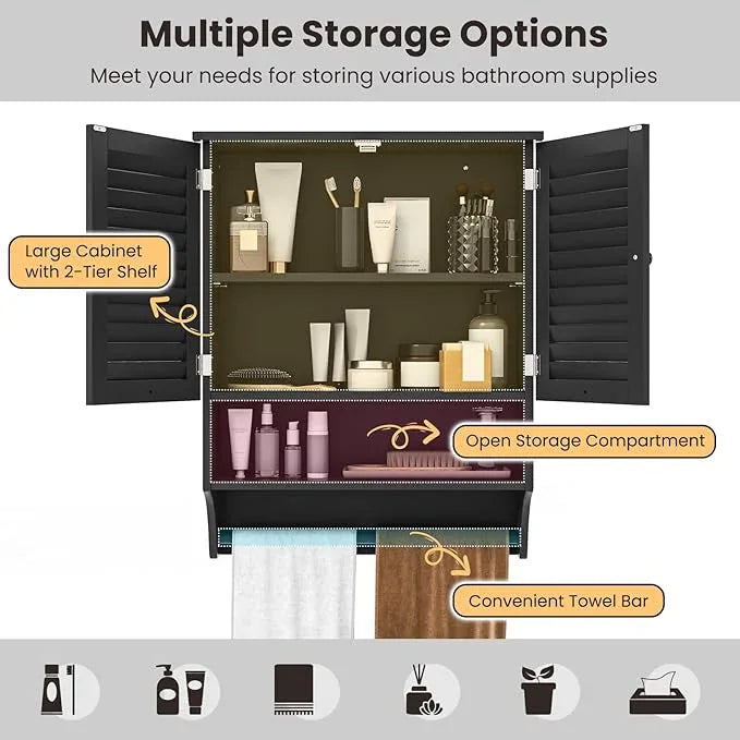 Tangkula Wall Mounted Bathroom Cabinet with Open Shelf & Bar, Medicine Cabinet with Double Louvered Doors, Wall Storage Cabinet with Adjustable Shelf, for Bathroom Living Room Kitchen (Black) - ModernBath