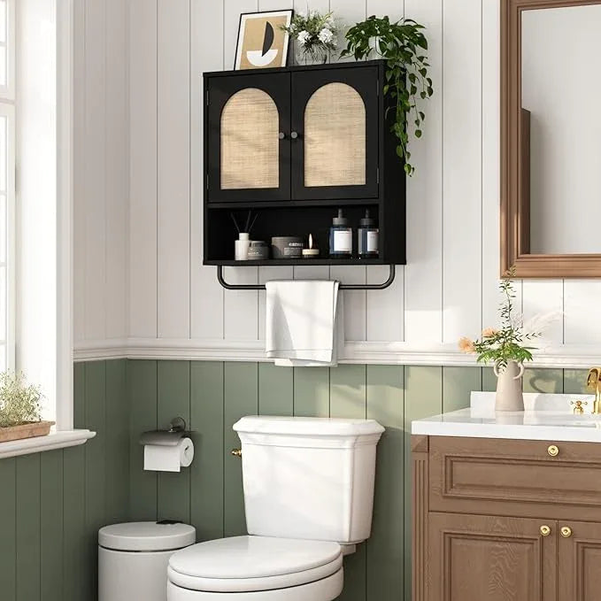 RUSTOWN Rattan Bathroom Wall Cabinet, Boho Medicine Cabinet with 2 Arched Doors, Farmhouse Over The Toilet Storage Cabinets with Adjustable Shelves & Towel Bar - ModernBath