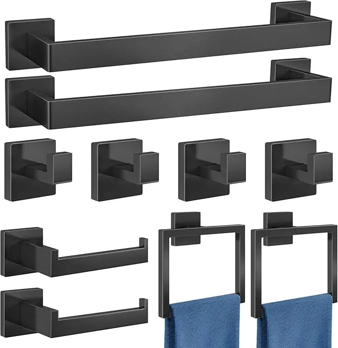 Bathroom Accessories Set 10-Piece Stainless Steel Modern Wall Mount Towel Racks for Bathroom 16In, Matte Black - ModernBath