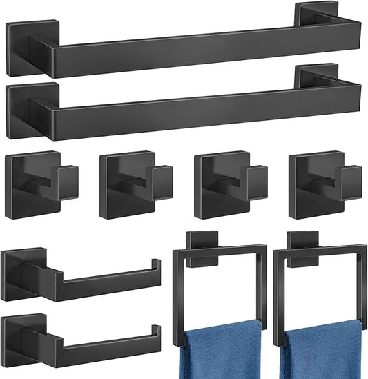 Bathroom Accessories Set 10-Piece Stainless Steel Modern Wall Mount Towel Racks for Bathroom 16In, Matte Black - ModernBath