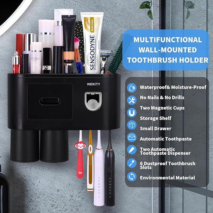 Wekity Multifunctional Wall-Mounted Toothbrush Holder, Automatic Toothpaste Dispenser Space Saving Toothbrush and Toothpaste Holder, with 2 Cups and Drawers Cosmetic Organizer (Black) - ModernBath