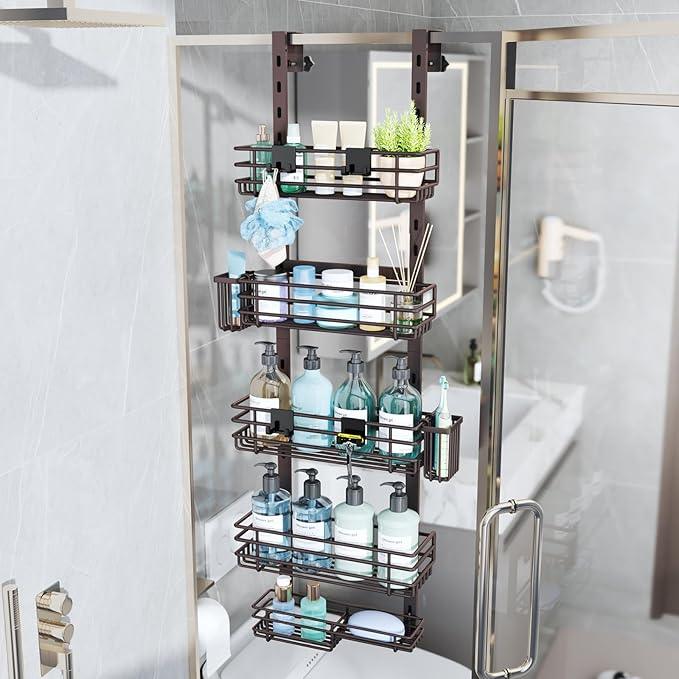 Consumest Over The Door Shower Caddy - 5 Tier Adjustable Shower Organizer Hanging with 2 Toothbrush Holders & 4 Hooks, Rustproof Organizer Shelf, Storage Rack for Bathroom, Bronze - ModernBath