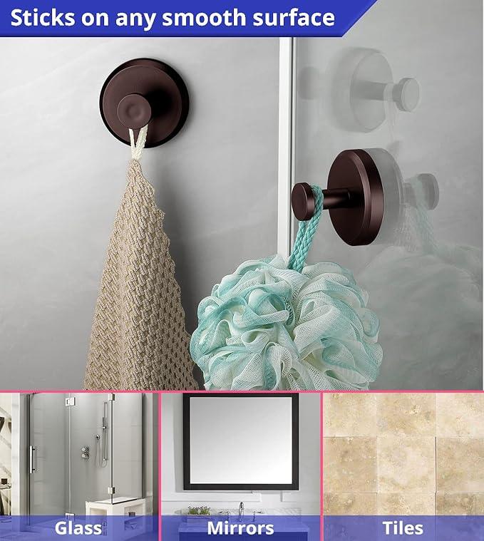 HOME SO Suction Cup Hooks for Shower, Bathroom, Kitchen, Glass Door, Mirror, Tile – Loofah, Towel, Coat, Bath Robe Hook Holder for Hanging up to 15 lbs – Waterproof & Rustproof, Dark Bronze (2-Pack) - ModernBath