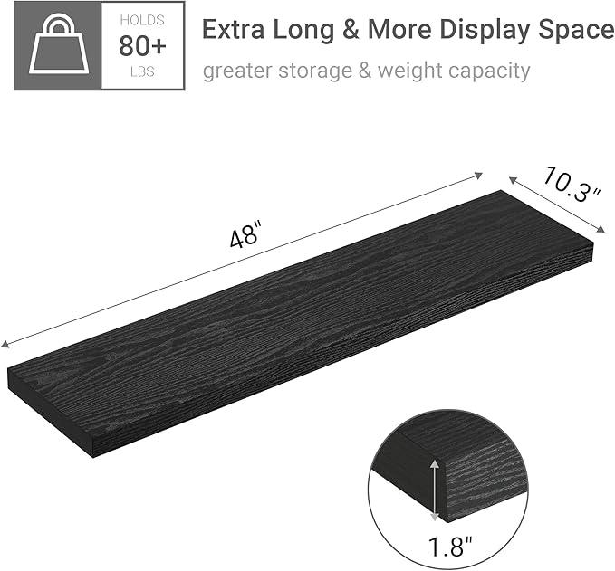 Vivelove Single Floating Shelves 48 Inches, 48 x 10 inch Deep x 1.8 in Thick, Long Wall Shelves Heavy Duty 80 lbs for Bedroom, Living Room, Kitchen, Office, Modern Shelf Book Home Decor, Black - ModernBath