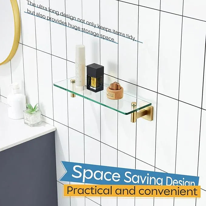 KOKOSIRI Wall Shelves Floating Shelf 16'' Gold Stainless Steel Bathroom Hardware Tempered Glass Hanging Rack Storage/Room Decor 2 Pack B1105BG-L16-P2 - ModernBath