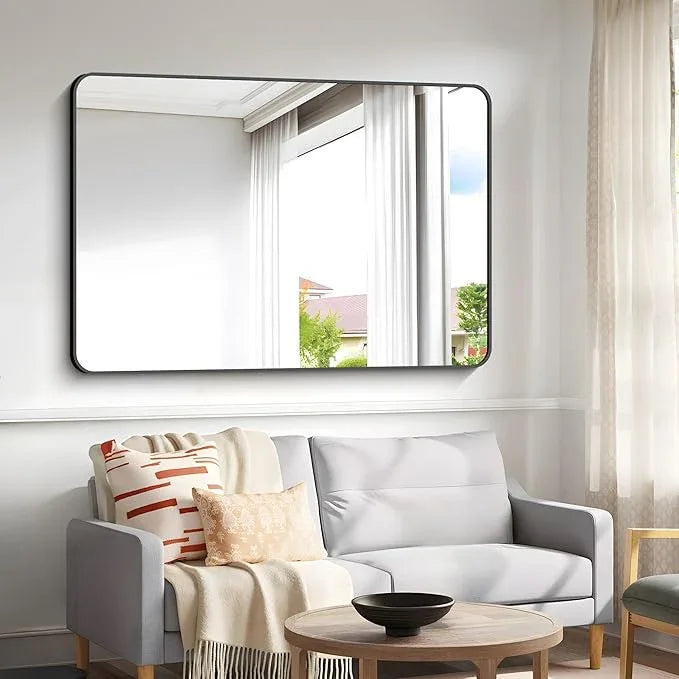 55x36 inch Bathroom Mirror,Black Rectangle Mirror,Wall Mounted Bathroom Frame Vanity Mirror with Round Corner for Bedroom Living Room, Entryway Hangs Horizontal or Vertical - ModernBath