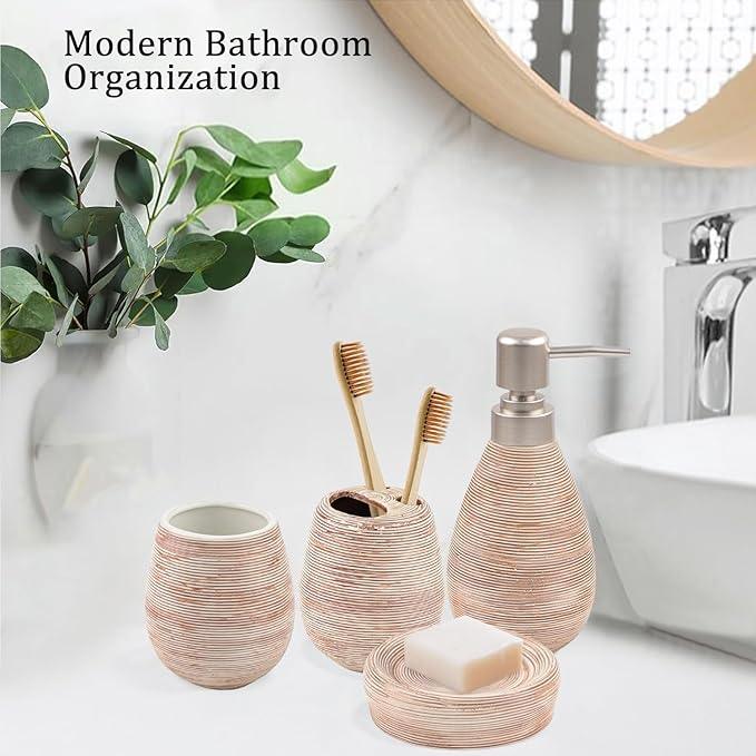 CERBIOR Bathroom Accessories Set,4 Pcs Ceramic Bathroom Decor Accessory,Includes Toothbrush Holder, Toothbrush Cup, Soap Dish for Decorative Countertop and Housewarming Gift(Brown 4pcs) - ModernBath