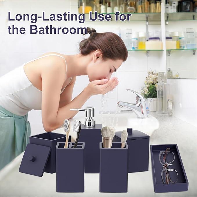 Navy Blue Bathroom Accessories Set Resin 6PCS, Square Toothbrush Holders Set Complete with Soap Dispenser, Vanity Tray, Tumbler, Cups and Cotton Swab Jars for Counter, Sink or Small Spaces - ModernBath