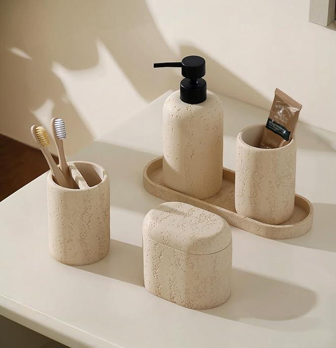 WUUAHOME Bathroom Accessories Set, Travertine Stone-Look, 5 PCS Bathroom Accessory Set with 13.53 OZ Soap Dispenser, Toothbrush Holder, Tumbler, Vanity Tray, Cotton Swab Jars for Countertop (Yellow) - ModernBath