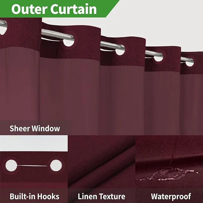 eachope Long No Hooks Needed Linen Textured Shower Curtain with Snap-in Fabric Liner Set,Hotel Luxury Decor Shower Curtains for Bathroom,Waterproof & Washable,71Wx80H,Burgundy - ModernBath
