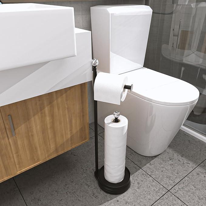 Toilet Paper Holder for Bathroom, Heavy Weighted Metal Free Standing Toilet Paper Holder Stand with Crystal Ball, Toilet Paper Roll Stand for Bathroom Accessories (Matte Black) - ModernBath
