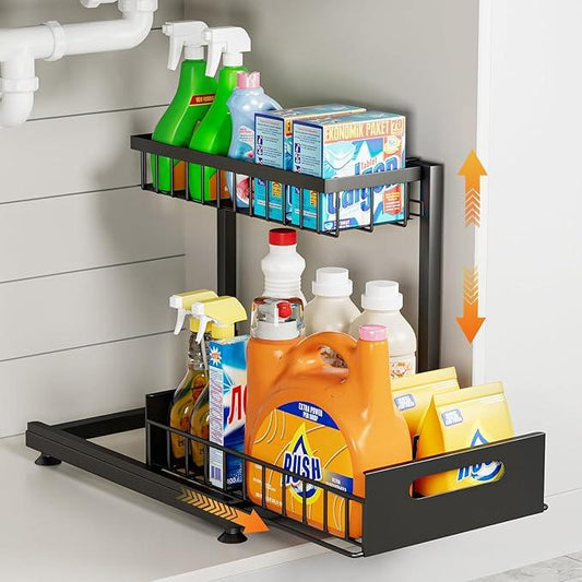 Under Sink Organizer Storage 2-Tier Premium Metal Pull-Out Racks, Height Adjustable, Heavy Dut and Easy Installation for Kitchen & Bathroom Organizers 1 Pack Black - ModernBath